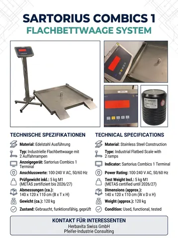 Sartorius Combics 1 mit Edelstahl-Flachbettwaage, YCW655-AC-00 (5kg Prüfgewicht)